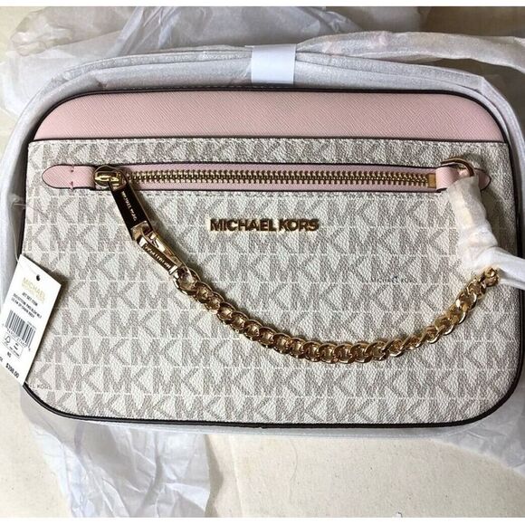 Michael Kors Jet Set Chain Crossbody Bag Powder Blush Pink Logo Zip - Picture 1 of 5